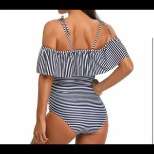 Swimsuit Off Shoulder Ruffled, white and navy stripes. Size XL
